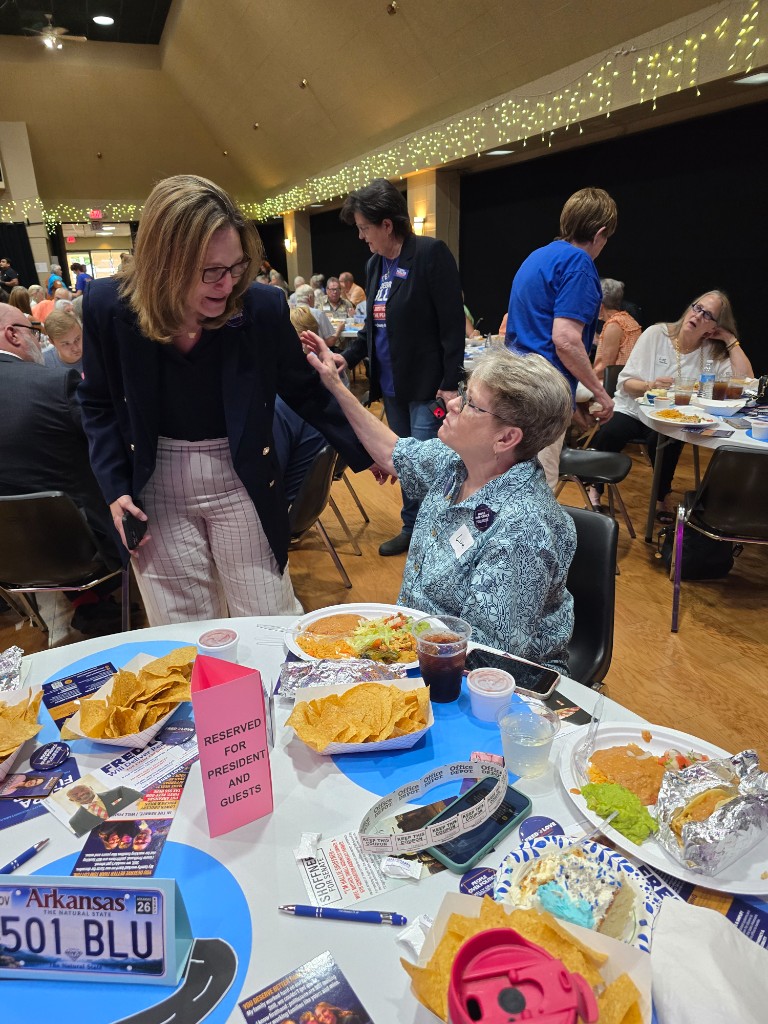 Kelly Grappe for Arkansas Secretary of State — visits with community members at a local dinner Kelly Grappe, candidate for Arkansas Secretary of State, visits with community members at a local dinner.