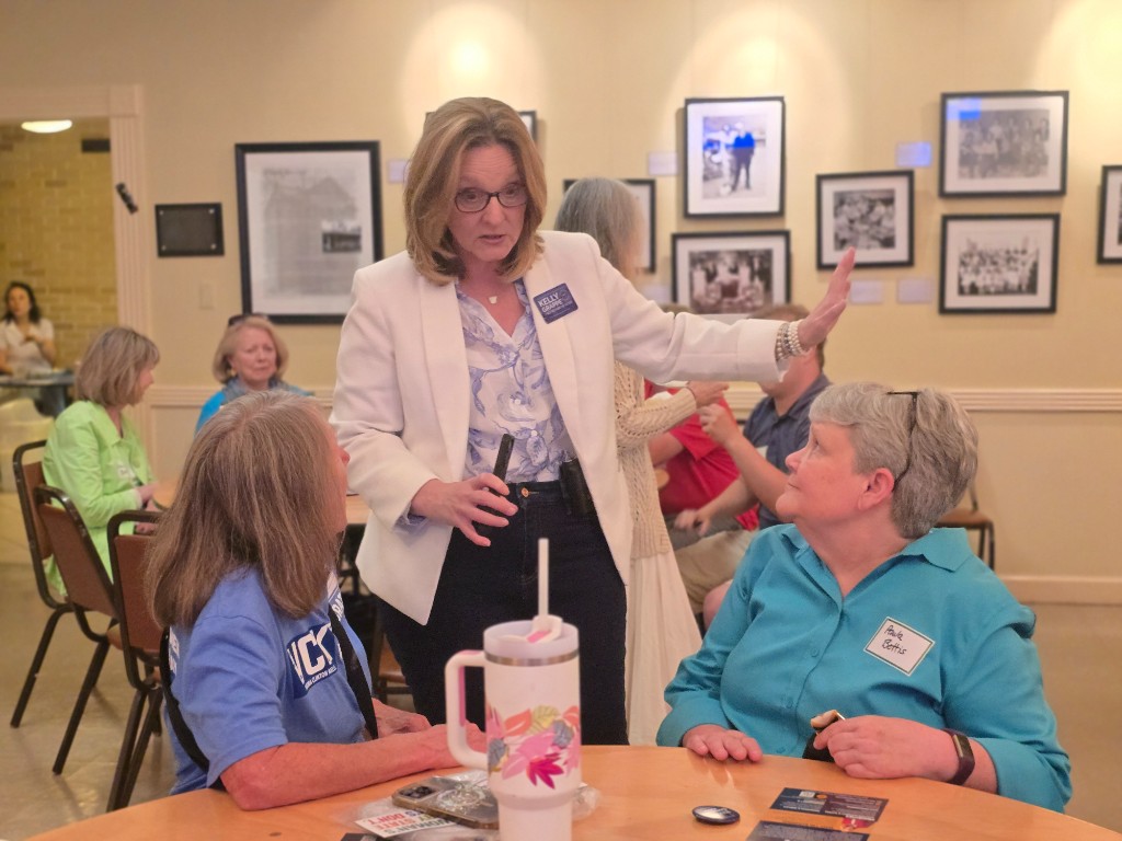 Kelly Grappe for Arkansas Secretary of State — campaign photo Kelly Grappe, candidate for Arkansas Secretary of State. Kelly Grappe explains a point to community members seated at a gallery table.