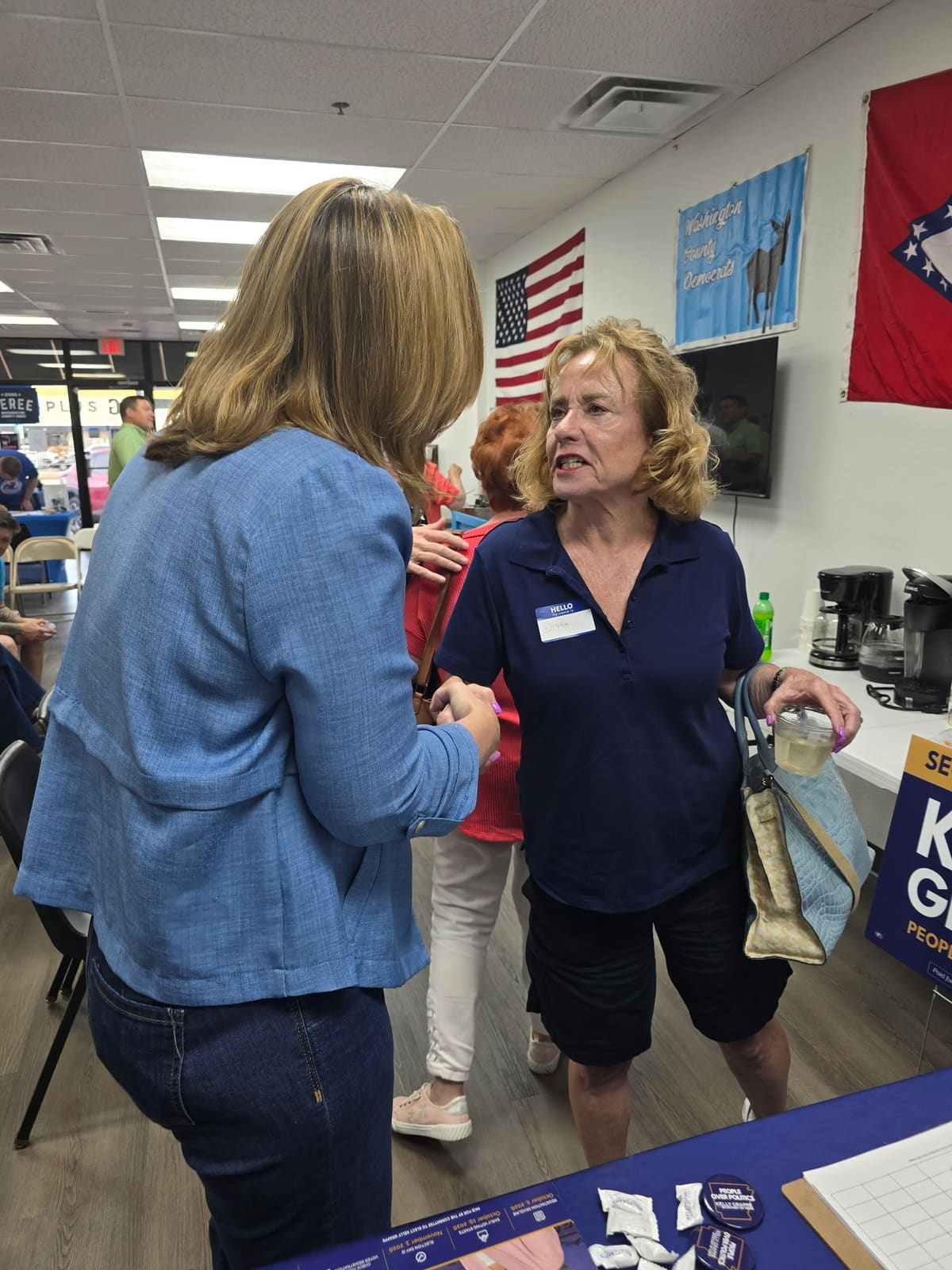 Kelly Grappe in Washington County, Arkansas — campaign photo Kelly Grappe, candidate for Arkansas Secretary of State, campaigning in Washington County, Arkansas
