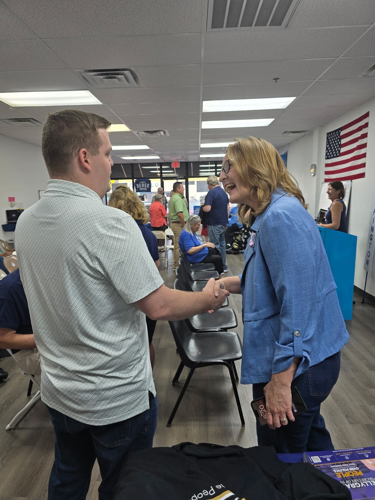 Kelly Grappe in Washington County, Arkansas — campaign photo Kelly Grappe, candidate for Arkansas Secretary of State, campaigning in Washington County, Arkansas