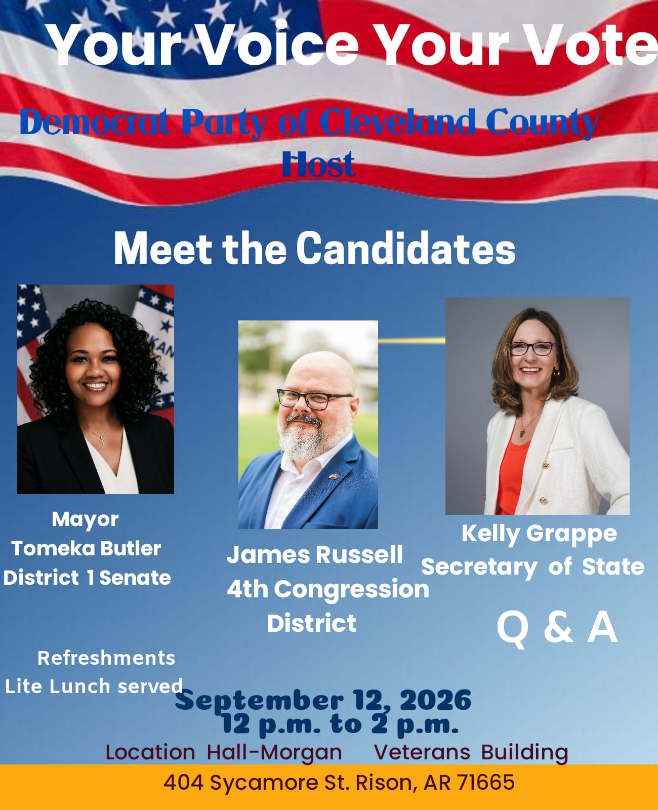 Your Voice Your Vote flyer: Democratic Party of Cleveland County hosts Meet the Candidates on Saturday, September 12, 2026, 12:00 to 2:00 p.m. at the Hall-Morgan Veterans Building, 404 Sycamore St., Rison. Q&A with light lunch. Mayor Tomeka Butler, James Russell, and Kelly Grappe.