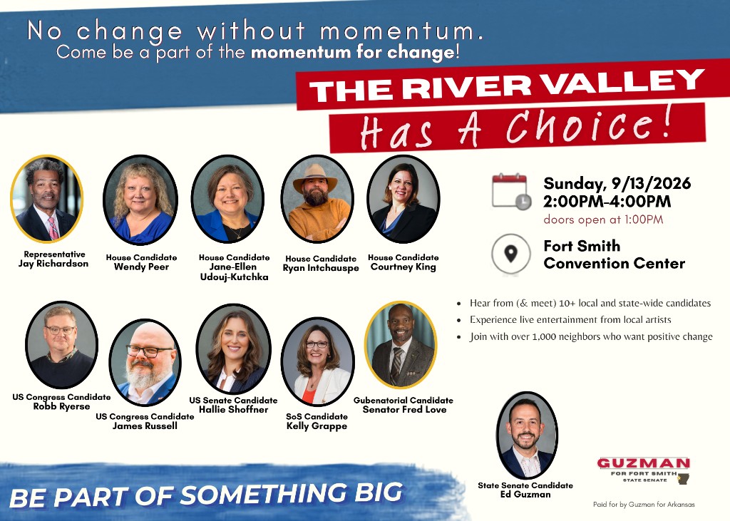 The River Valley Has a Choice postcard: Sunday, September 13, 2026, 2:00 to 4:00 p.m. (doors at 1:00 p.m.) at the Fort Smith Convention Center. Paid for by Guzman for Arkansas.